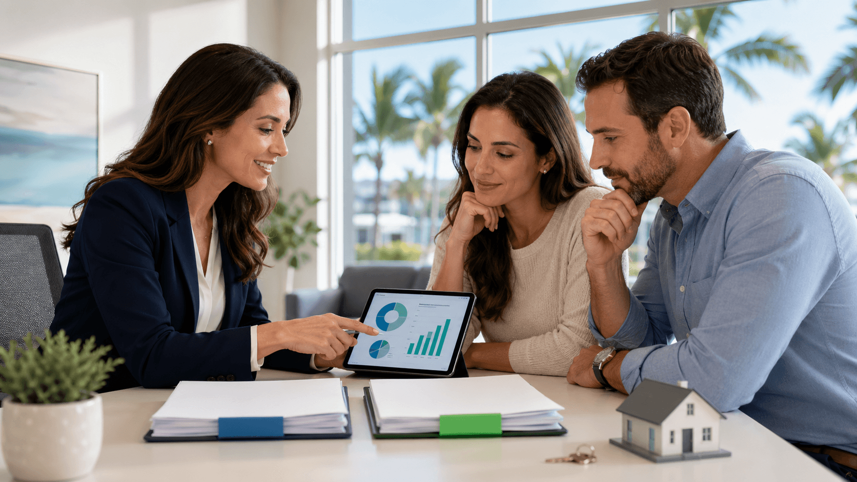 Split-screen illustration of a Florida house with palm trees, mortgage papers, and a calculator in warm sunlight