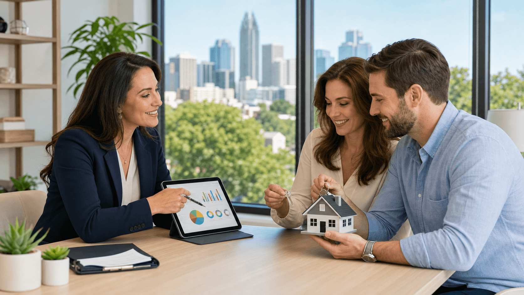 Blue-toned illustration of a Raleigh skyline with a house and clipboard mortgage checklist in the foreground.