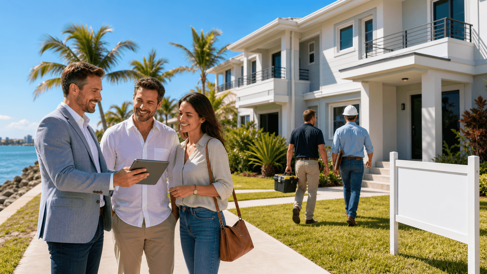 Sunlit Florida beach house with palm trees, overlaid with a blue loan document and dollar sign icon.