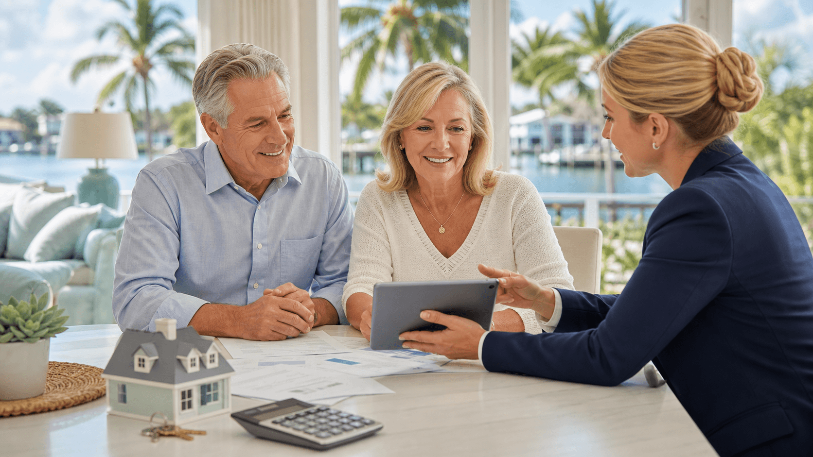 Sunlit Florida beach scene with a smiling senior couple reviewing papers beside a small model house and palm trees