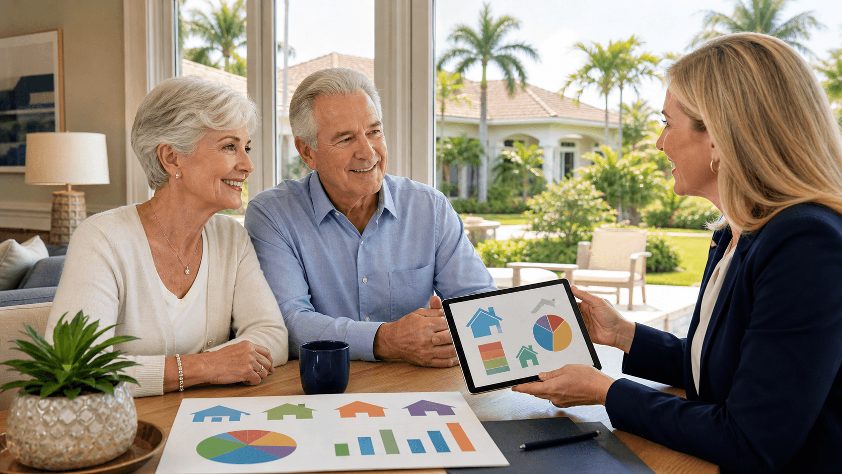 Florida retirees review mortgage papers at a sunlit kitchen table beside a palm-lined window.