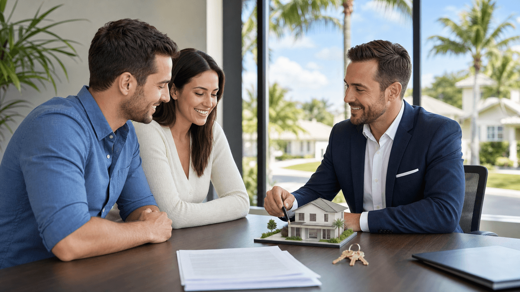Sunlit Florida home exterior with a for-sale sign and a stack of paperwork and keys on a table in the foreground