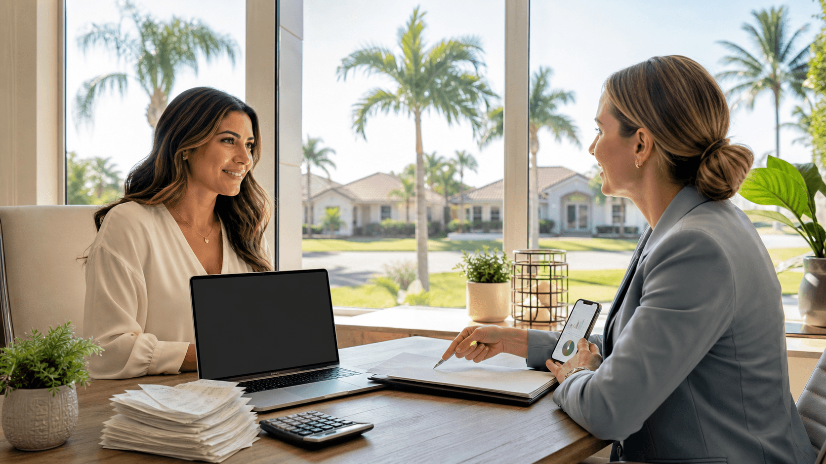 Sunlit Florida house with palm trees beside a desk showing loan papers, calculator, and a pen in soft blue tones
